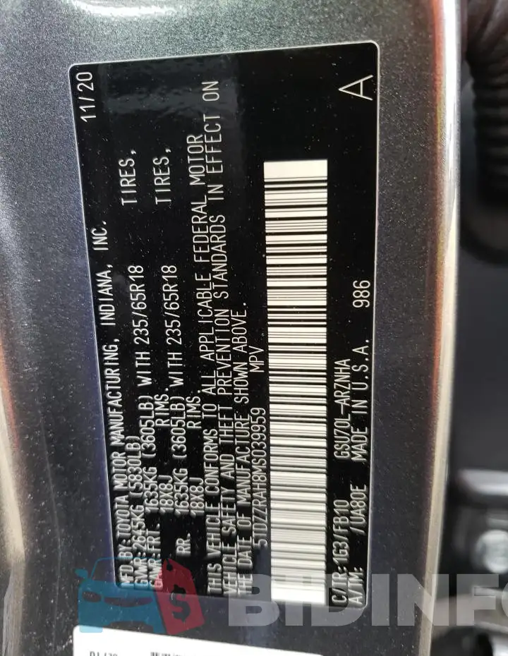 5TDZZRAH8MS039959 Photo# 13