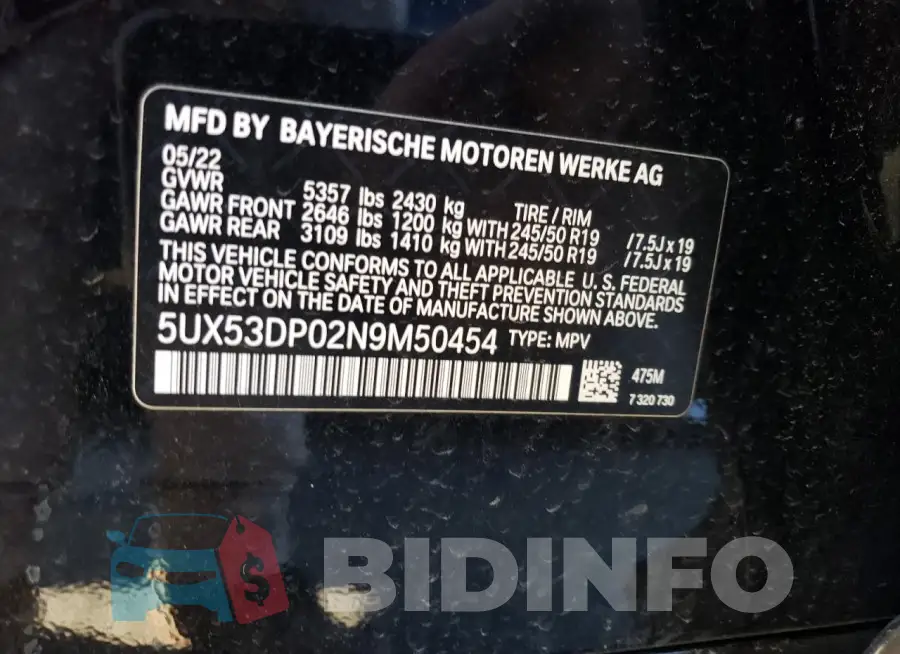 5UX53DP02N9M50454 Photo# 13