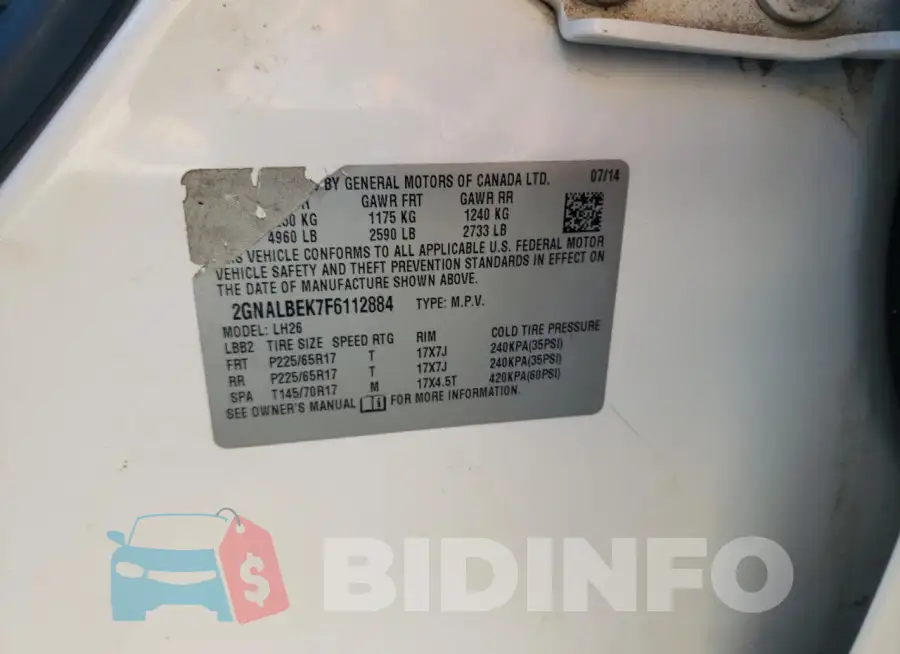 2GNALBEK7F6112884 Photo# 13