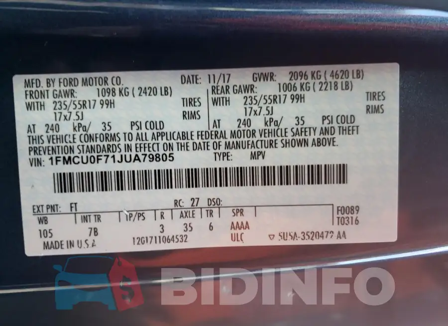 1FMCU0F71JUA79805 Photo# 13
