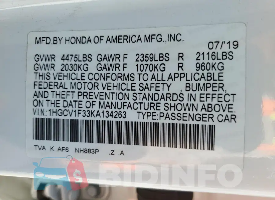 1HGCV1F33KA134263 Photo# 12
