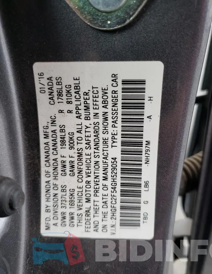 2HGFC2F54GH529054 Photo# 12