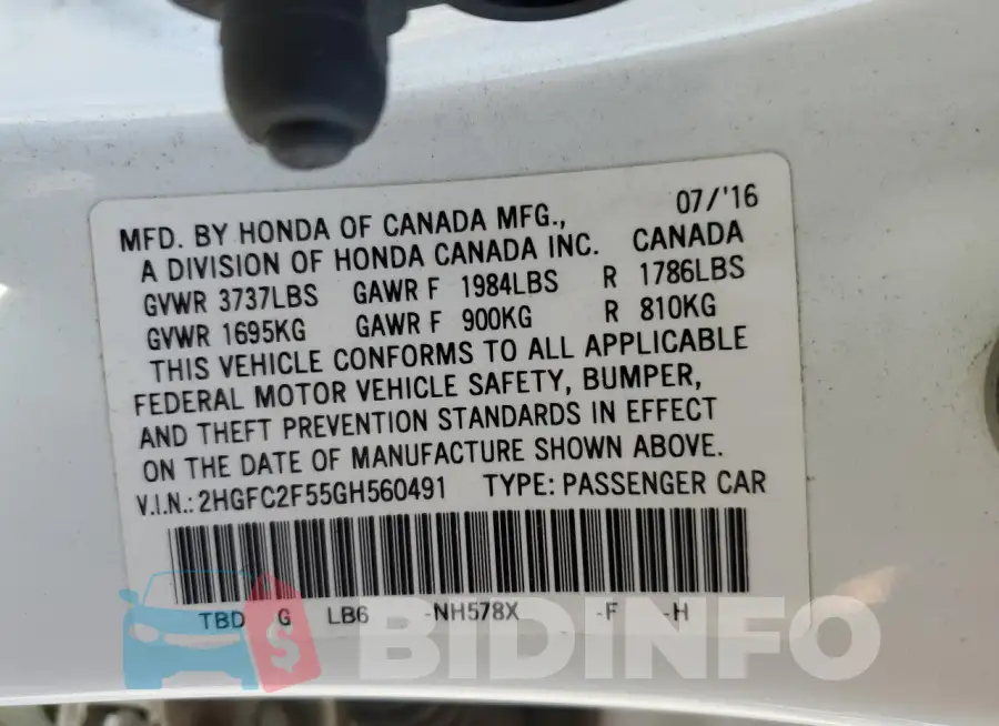 2HGFC2F55GH560491 Photo# 12