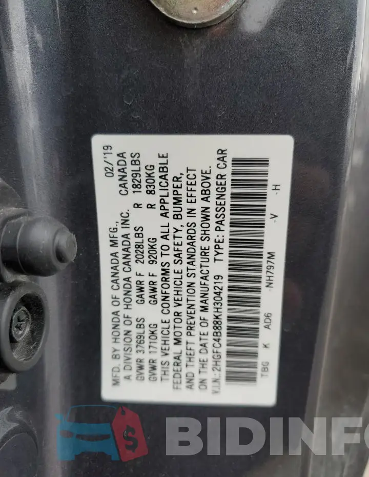2HGFC4B88KH304219 Photo# 12