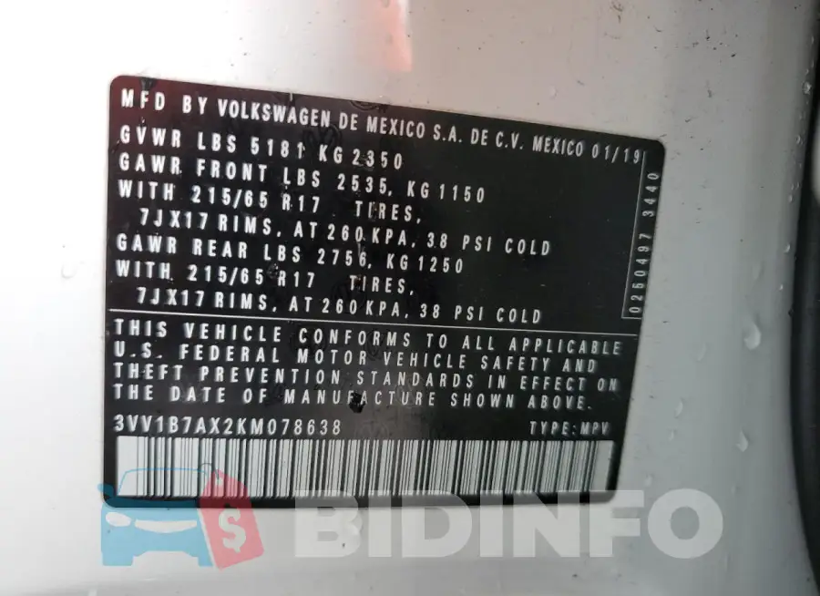 3VV1B7AX2KM078638 Photo# 14