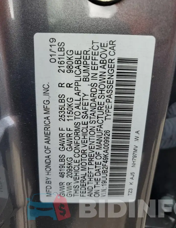 19UUB2F49KA009926 Photo# 12