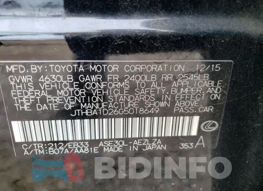 JTHBA1D26G5018649 Photo# 12
