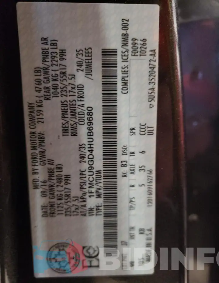 1FMCU9GD4HUB69680 Photo# 12