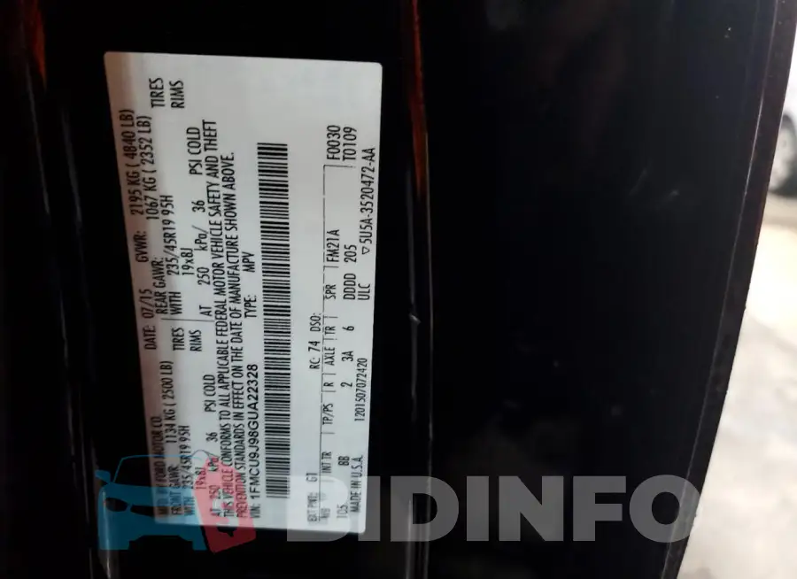 1FMCU9J98GUA22328 Photo# 13