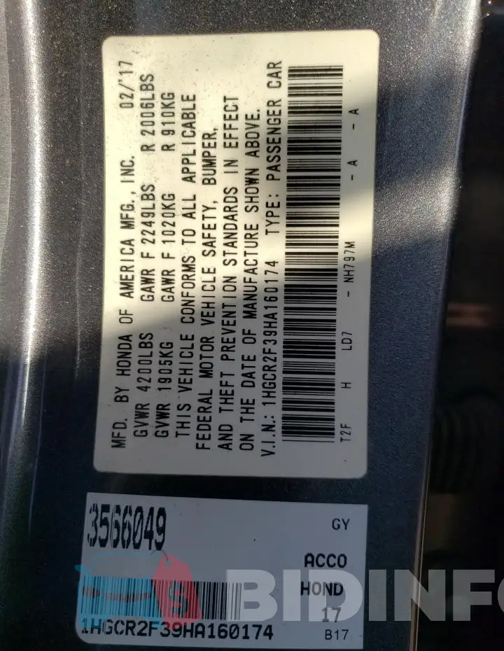 1HGCR2F39HA160174 Photo# 12