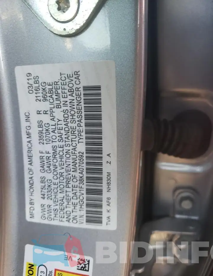 1HGCV1F38KA070592 Photo# 12