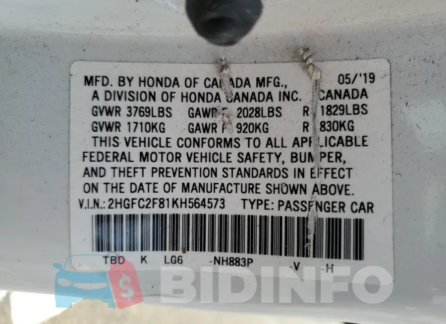 2HGFC2F81KH564573 Photo# 12