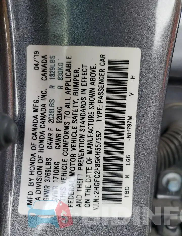 2HGFC2F85KH557562 Photo# 12