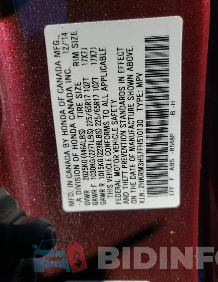 2HKRM3H57FH510130 Photo# 13