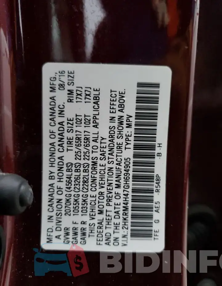 2HKRM4H47GH694905 Photo# 14