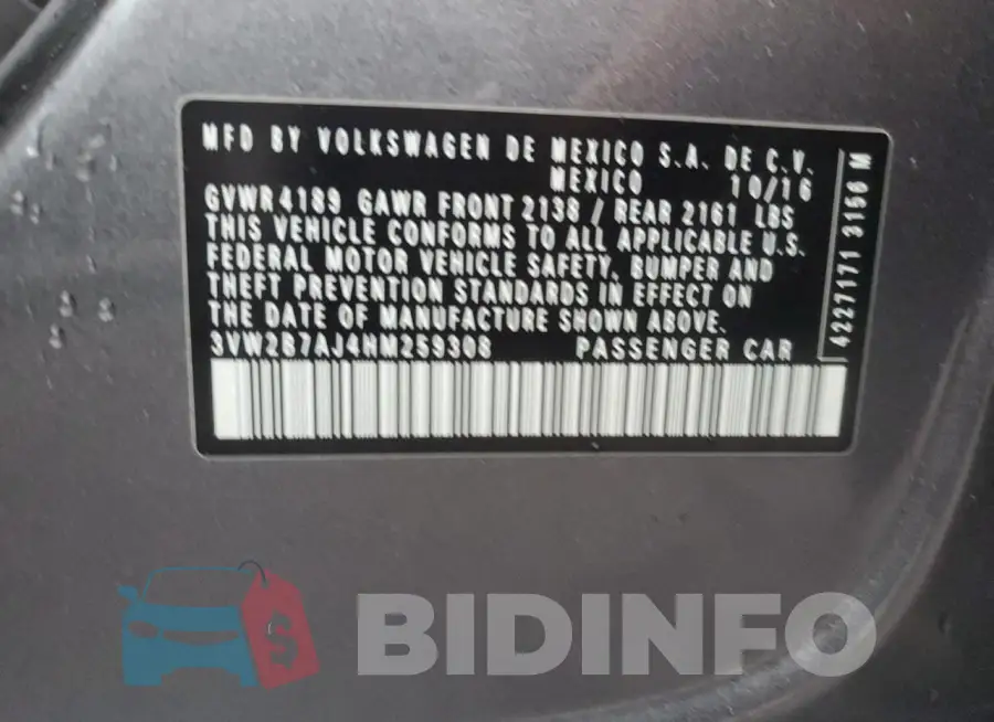 3VW2B7AJ4HM259308 Photo# 12
