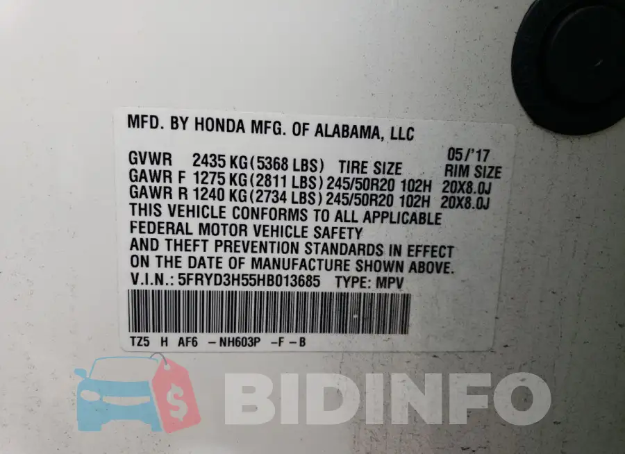5FRYD3H55HB013685 Photo# 13