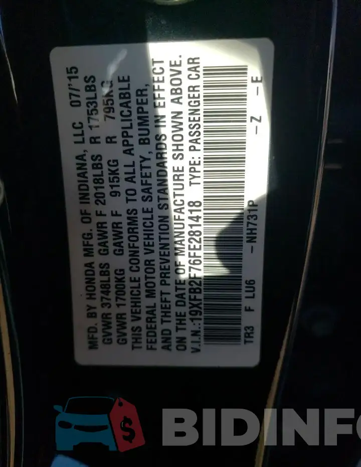 19XFB2F76FE281418 Photo# 13