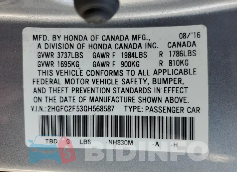 2HGFC2F53GH568587 Photo# 12
