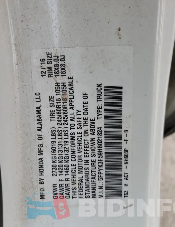 5FPYK3F59HB021824 Photo# 13