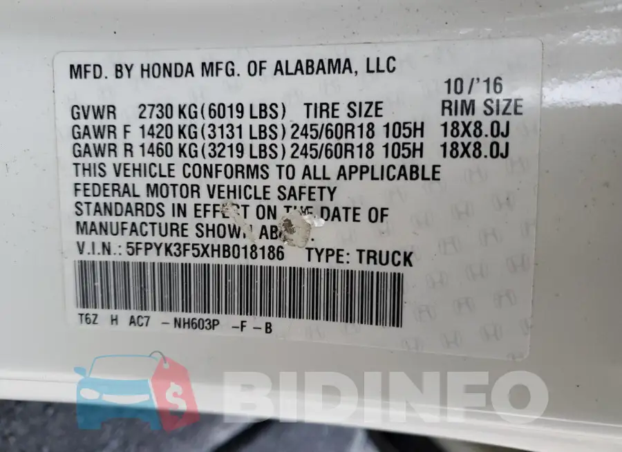5FPYK3F5XHB018186 Photo# 12