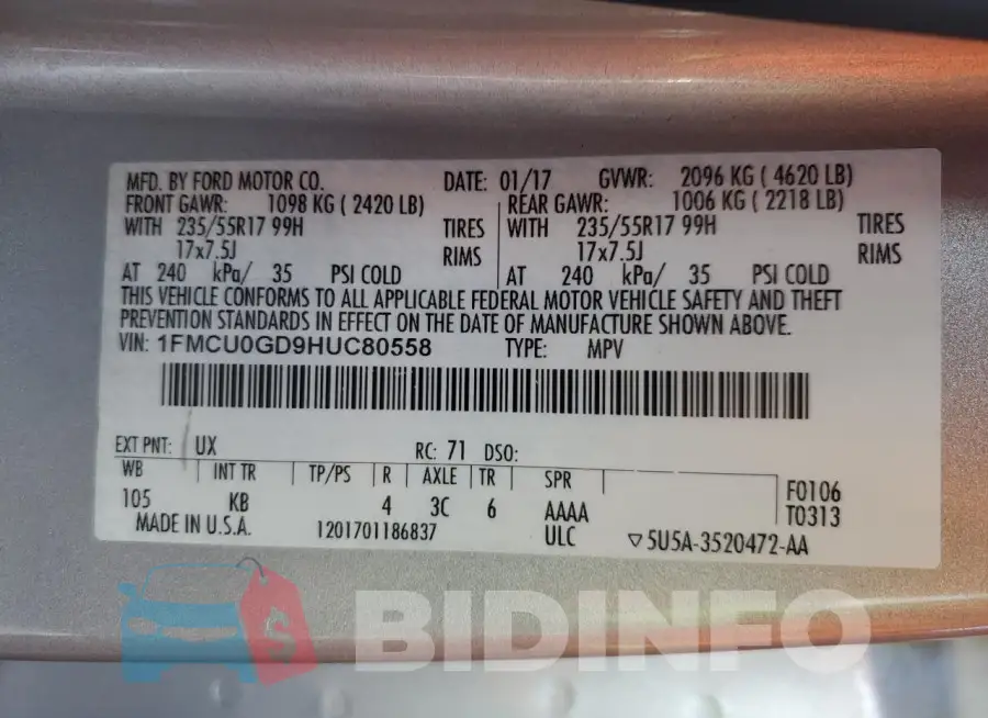 1FMCU0GD9HUC80558 Photo# 12