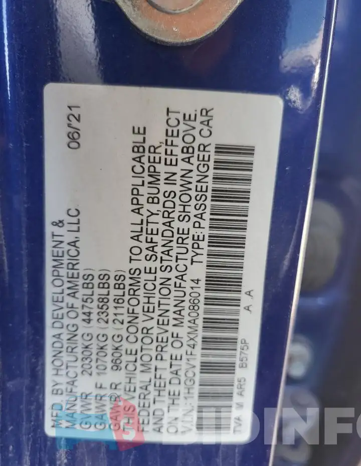 1HGCV1F4XMA086014 Photo# 12