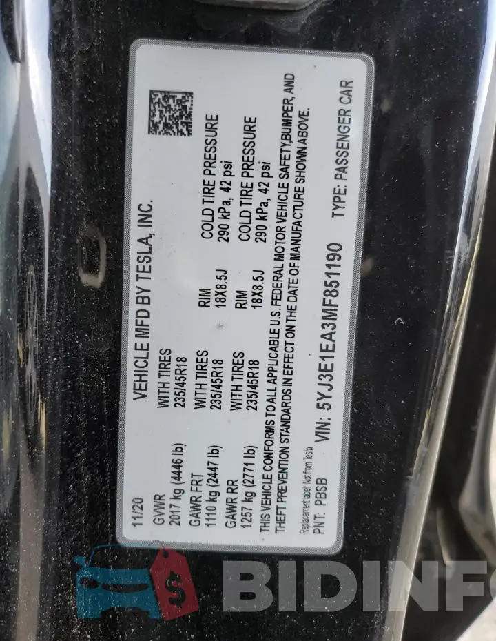 5YJ3E1EA3MF851190 Photo# 12
