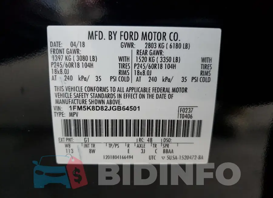1FM5K8D82JGB64501 Photo# 12