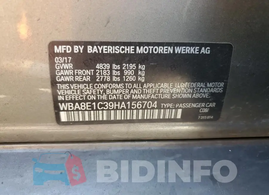 WBA8E1C39HA156704 Photo# 12
