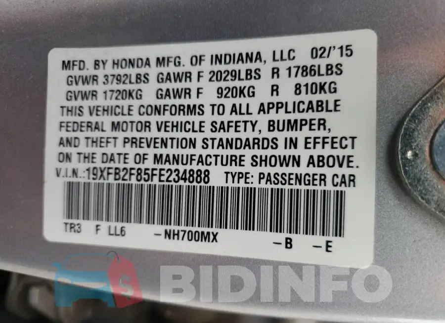 19XFB2F85FE234888 Photo# 13