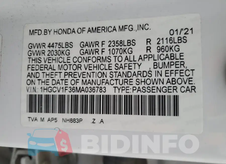 1HGCV1F36MA036783 Photo# 13