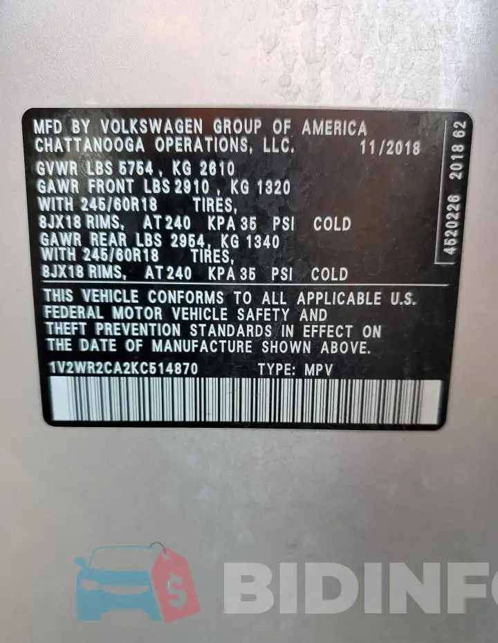 1V2WR2CA2KC514870 Photo# 14