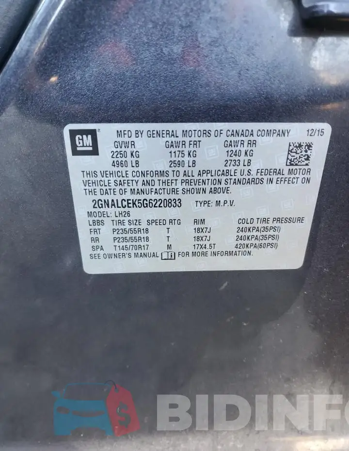 2GNALCEK5G6220833 Photo# 13