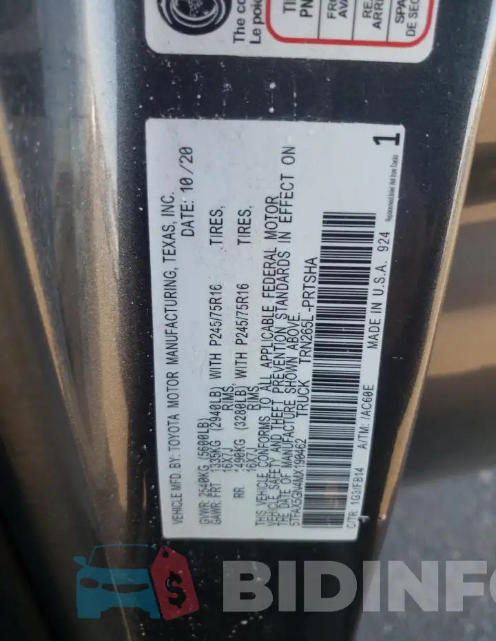 5TFAX5GN4MX190462 Photo# 13