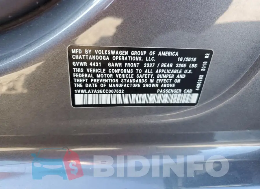 1VWLA7A35KC007522 Photo# 12