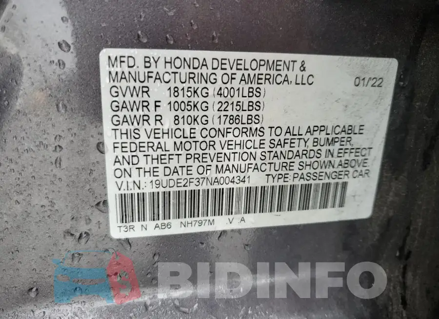 19UDE2F37NA004341 Photo# 12
