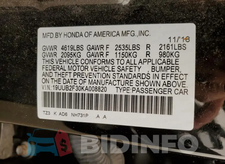 19UUB2F30KA008820 Photo# 12