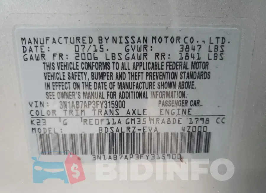 3N1AB7AP3FY315900 Photo# 12