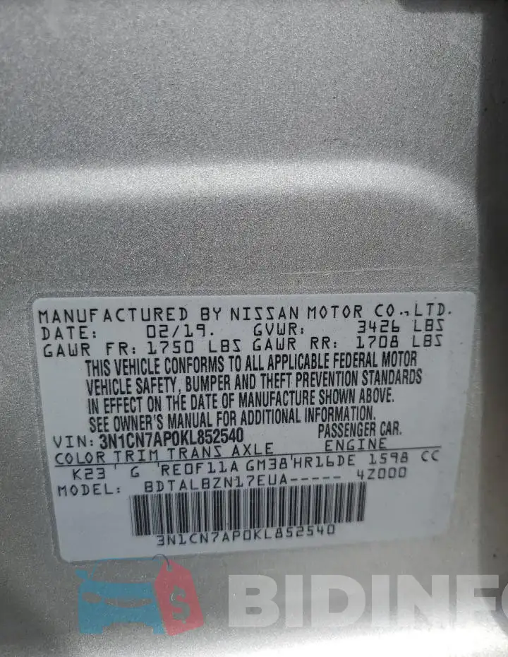 3N1CN7AP0KL852540 Photo# 13