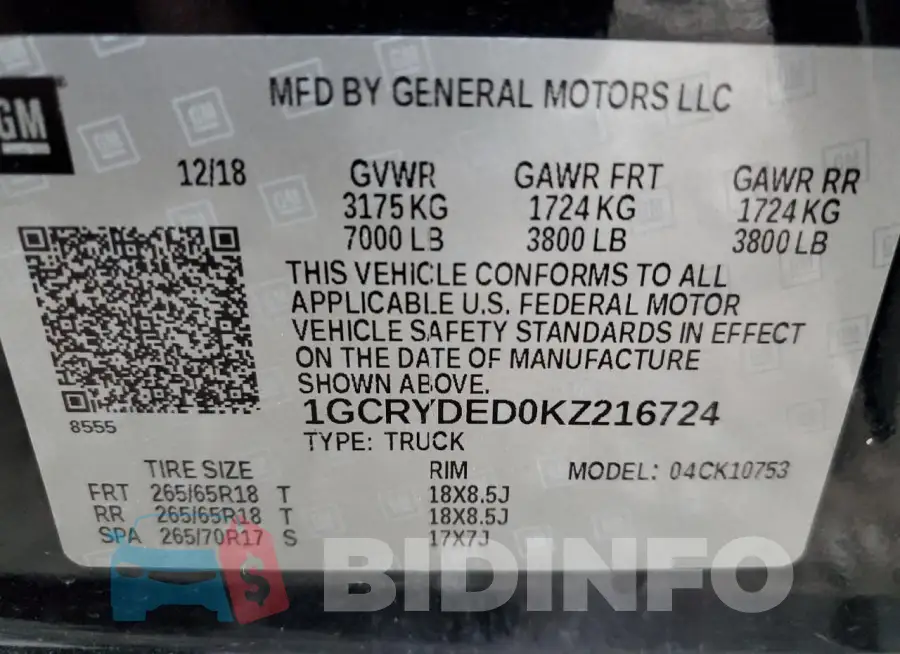 1GCRYDED0KZ216724 Photo# 13