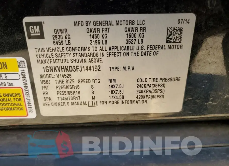 1GNKVHKD3FJ144192 Photo# 14