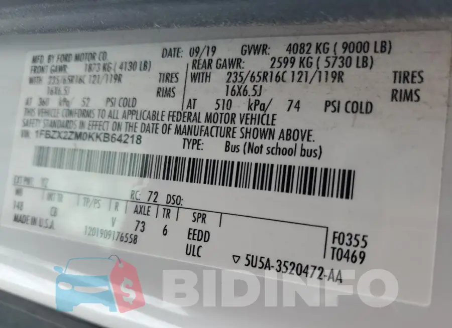 1FBZX2ZM0KKB64218 Photo# 13