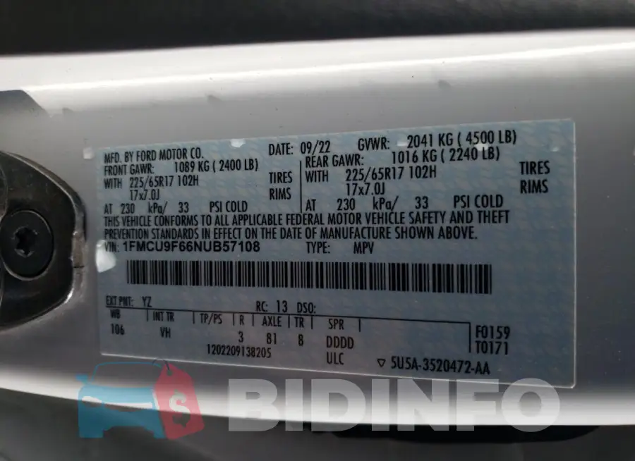 1FMCU9F66NUB57108 Photo# 12