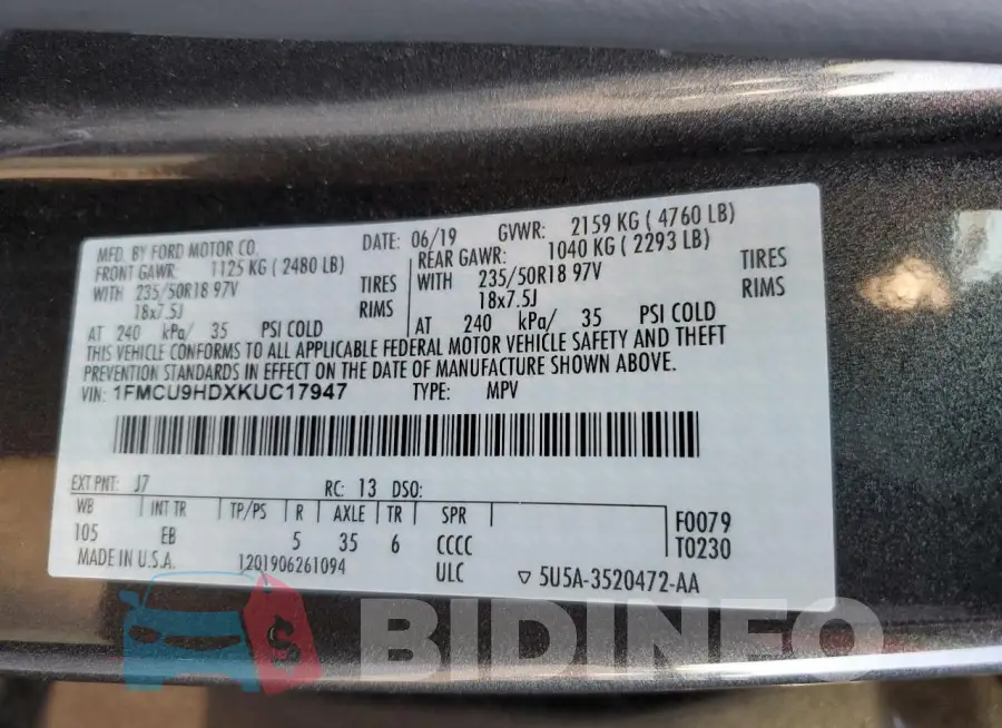 1FMCU9HDXKUC17947 Photo# 13