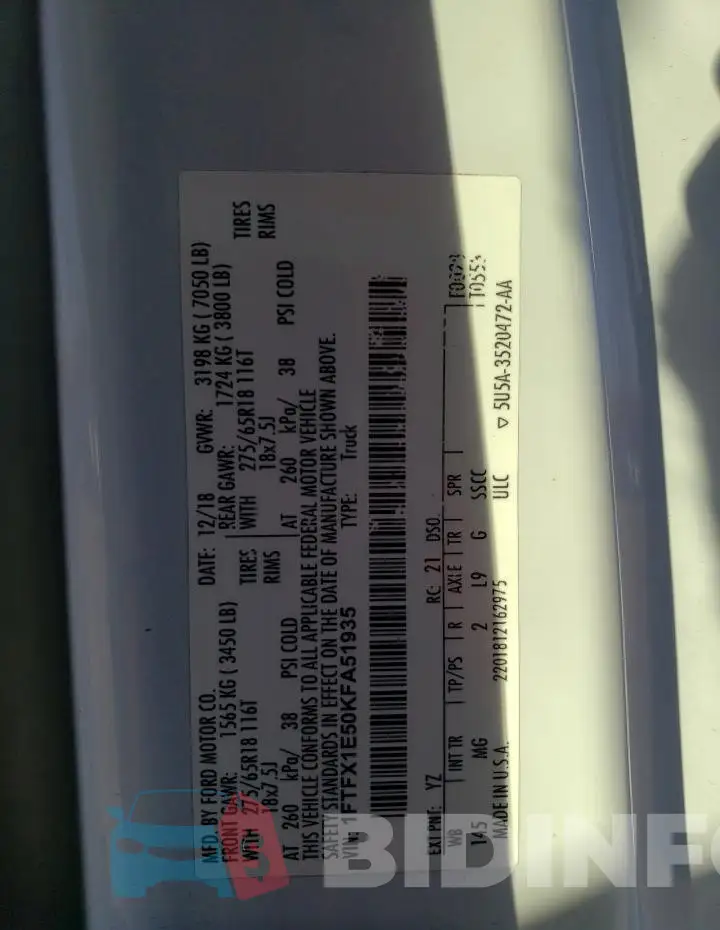 1FTFX1E50KFA51935 Photo# 12