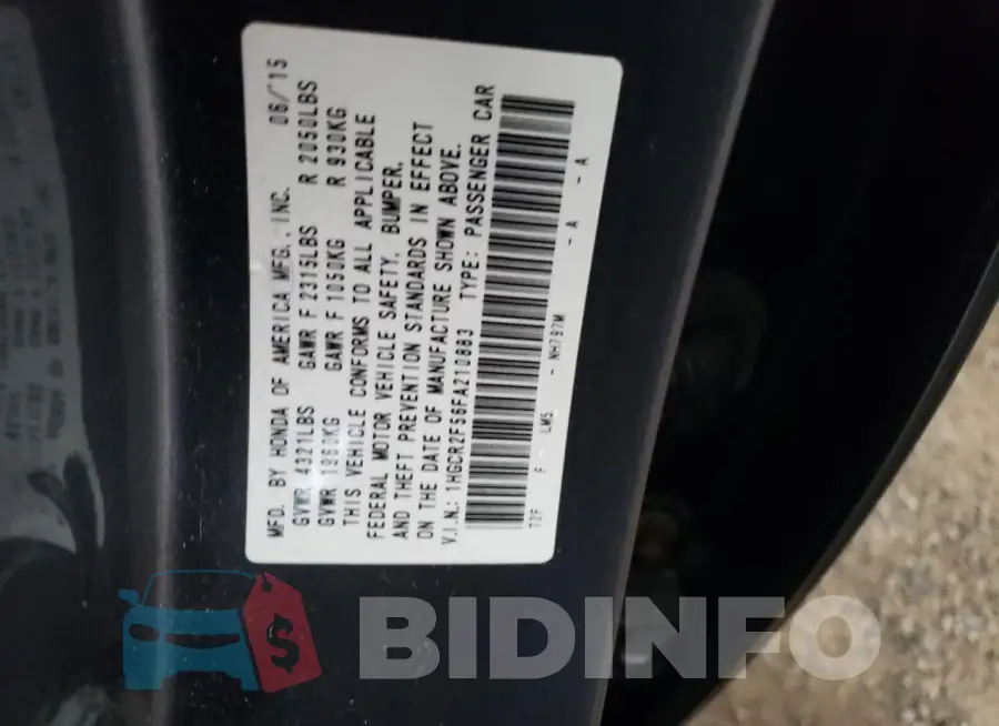 1HGCR2F56FA210883 Photo# 12