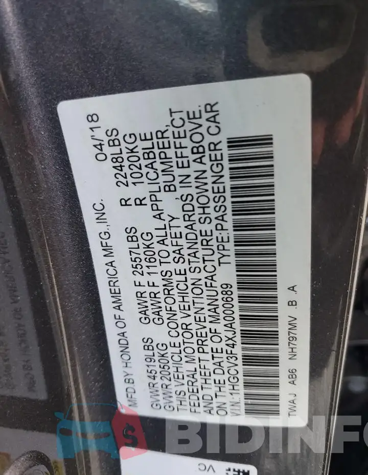 1HGCV3F4XJA000689 Photo# 12