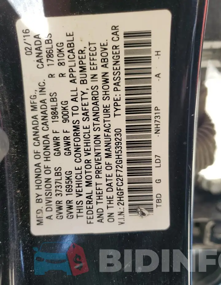 2HGFC2F72GH539230 Photo# 12