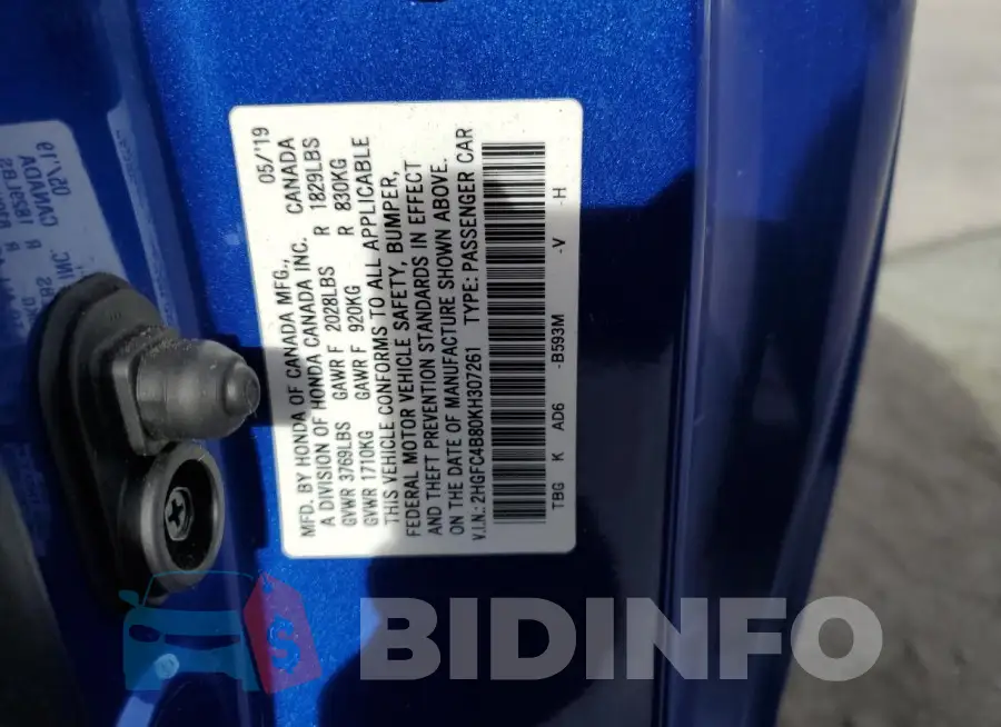 2HGFC4B80KH307261 Photo# 12